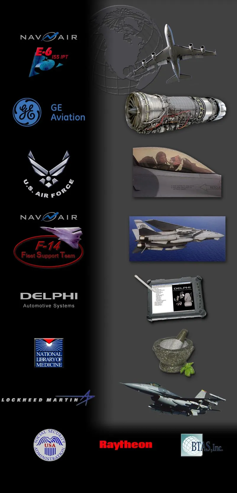 Legacy customer artwork featuring NAVAIR E-6 and F-14, GE Aviation, U.S. Air Force, Delphi, National Library of Medicine, Lockheed Martin, Social Security Administration, Raytheon, and BTAS.